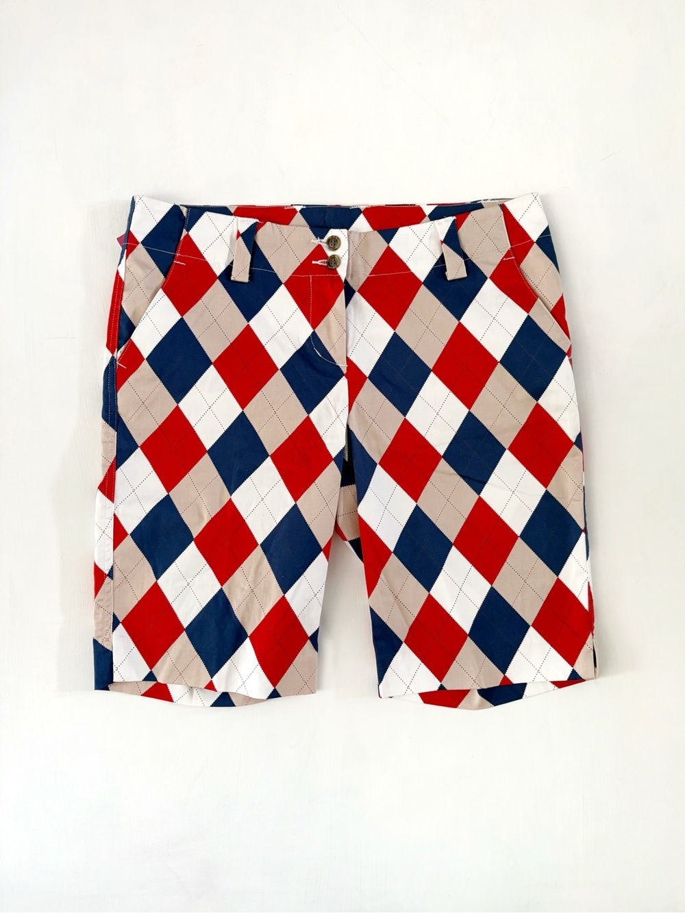 NWT Loudmouth Women Golf Red Blue Argyle Diamond Bermuda Shorts Size 8